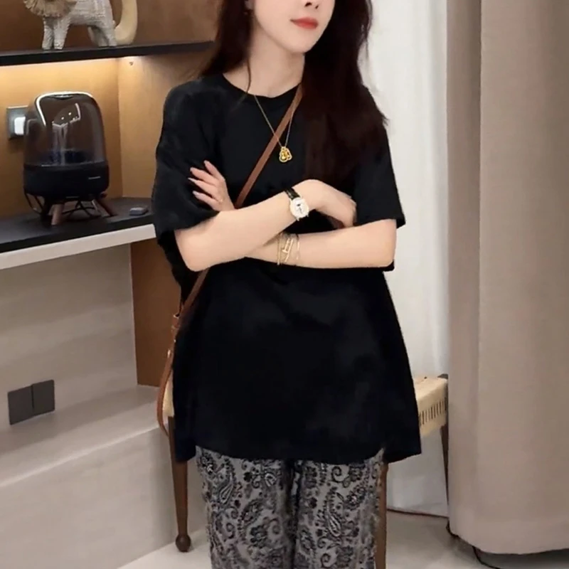 大码女装简约宽松大版圆领短袖t恤夏季新款胖mm遮肉显瘦休闲上衣