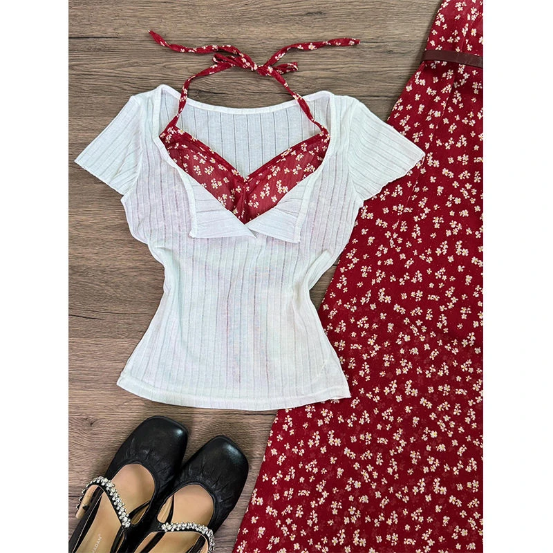 三件套女2025夏季新款纯欲风短袖T恤内搭吊带背心高腰碎花半身裙