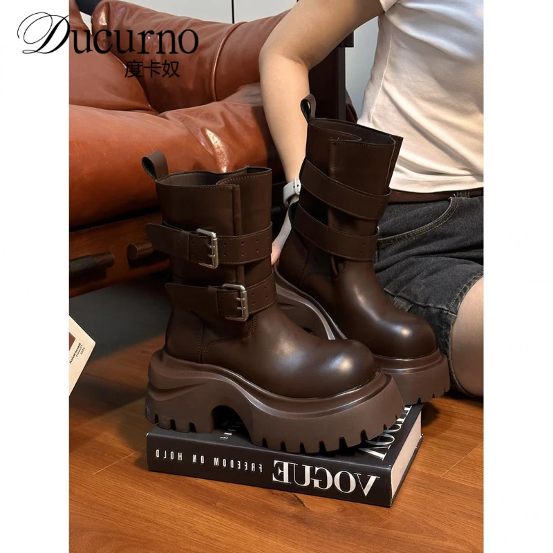 欧货真皮松糕厚底马丁靴女2025秋季新款美拉德皮带扣增高中筒短靴