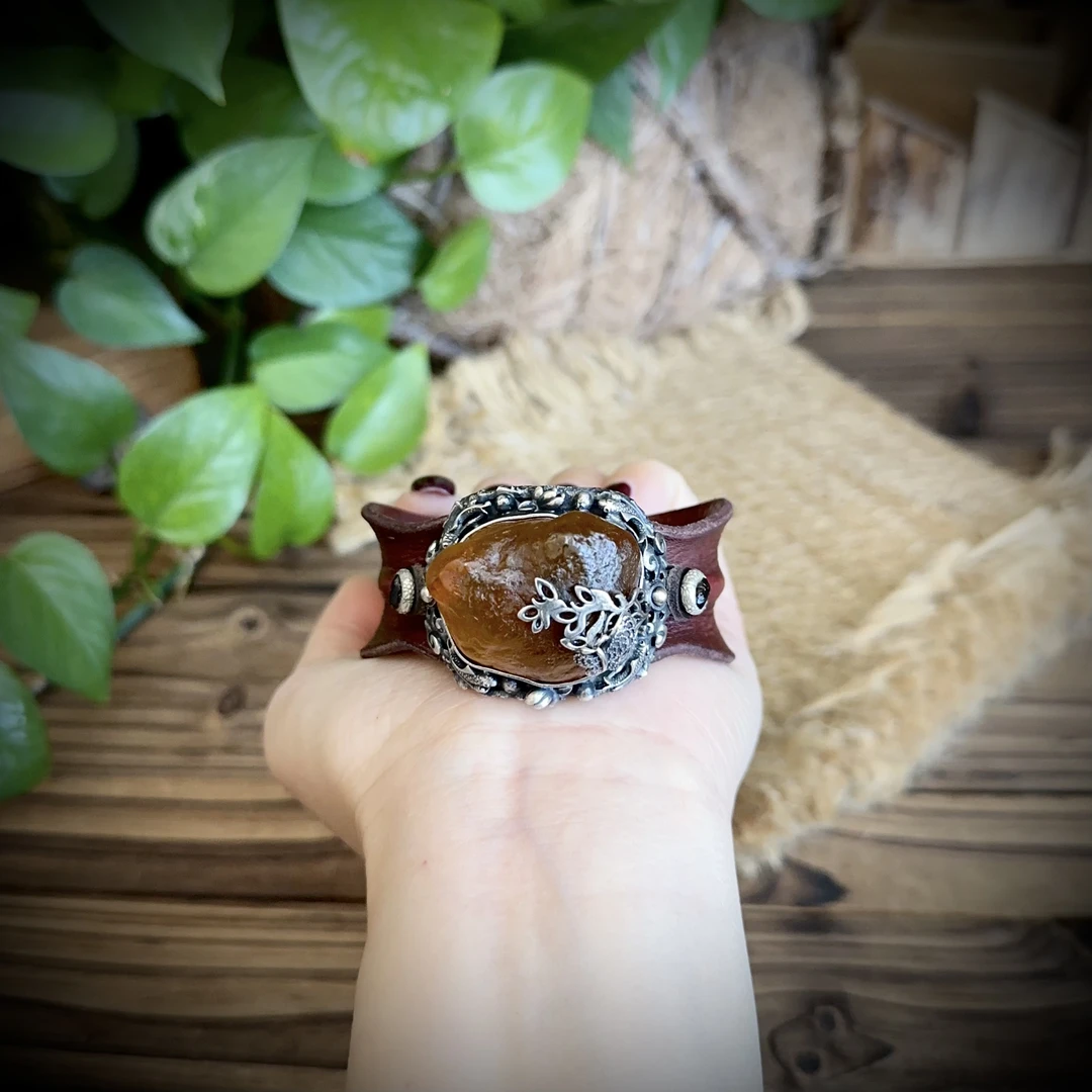 【古香古色】原创复古s925银蜜蜡琥珀皮手镯（开口可调节）