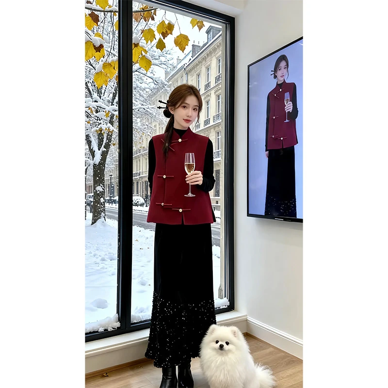 新中式国风红色复古毛呢马甲半裙套装2025本命年衣服新年战袍高级