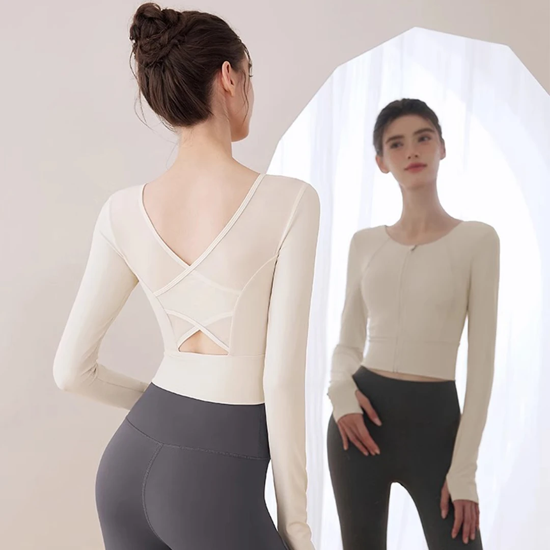 瑜伽服上衣带胸垫女2025春季新款健身专业运动普拉提训练套装长袖