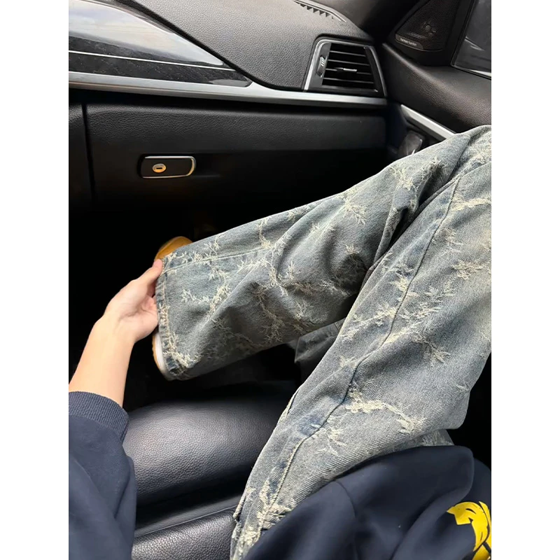 浅蓝色弯刀牛仔裤男款修身直筒美式vibe裤子高个子做旧提花微喇裤