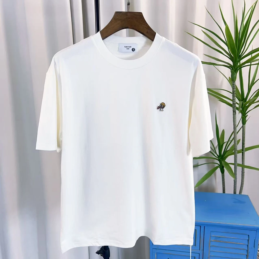 打底衫圆领男士款时尚休闲宽松潮流百搭刺绣短袖-99006白色上衣