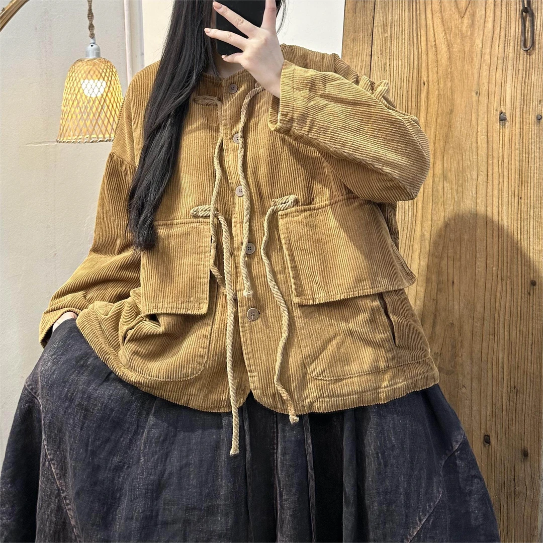 【半奏】冬季新款复古灯芯绒炒色做旧夹棉纽扣流苏系带外套