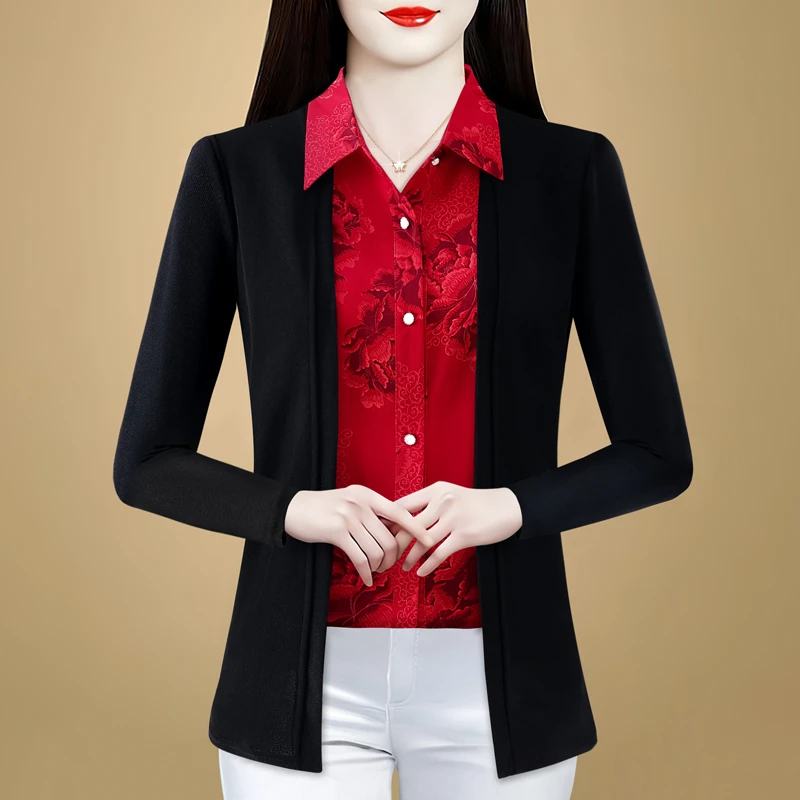 假两件针织开衫女长袖春秋冬新款拼接时尚衬衫妈妈红色打底衫上衣