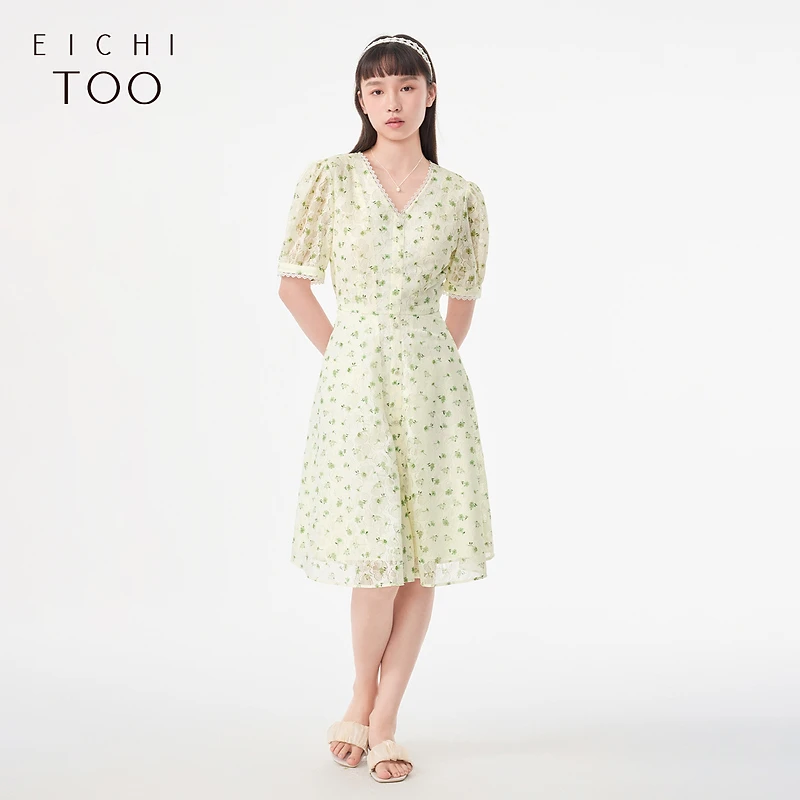 A爱居兔夏季复古法式时尚印花短袖连衣裙EQLBJ2N071A