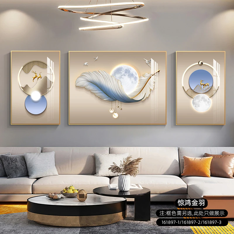 羽鹿同辉客厅现代简约装饰画新中式三联画高档挂画沙发背景壁画