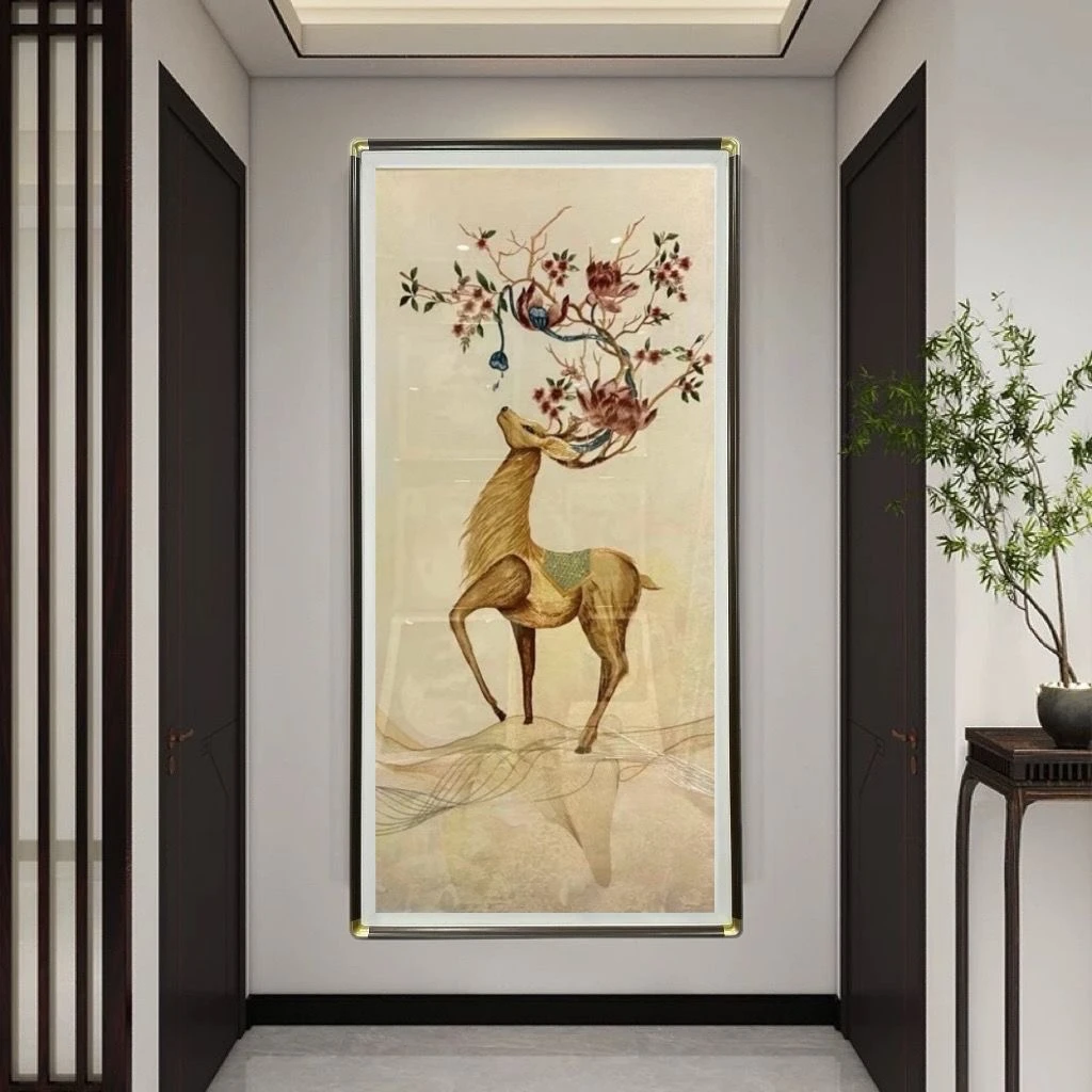 招财金鹿合集马到成功高端刺绣挂画迎门墙玄关画金鹿装饰画走廊墙