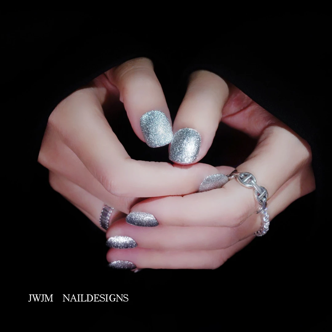 JWJM设计手工穿戴甲爆闪银色猫眼细闪显手白10片款