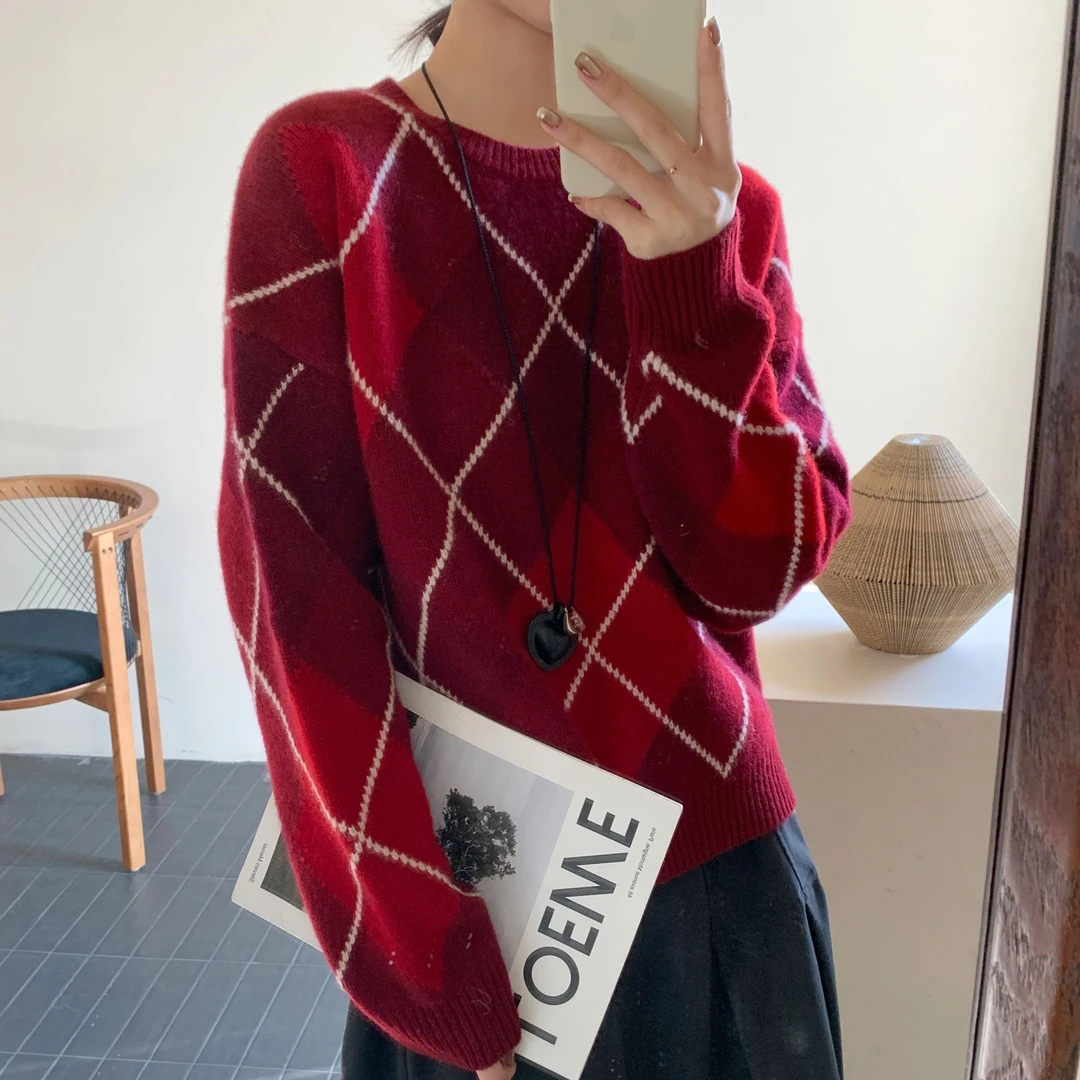 【素简.960137反季特价】秋冬100绵羊毛洋气嵌花菱格上新羊毛衫