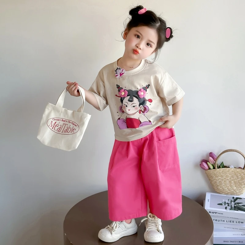 女童夏季短袖套装2025新款儿童防蚊阔腿裤洋气两件套宝宝时髦衣服