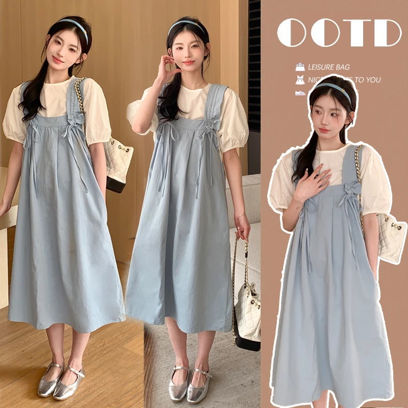 时髦孕妇装新款小个子孕妇装夏季孕妇背带裙套装韩版时尚款两件套