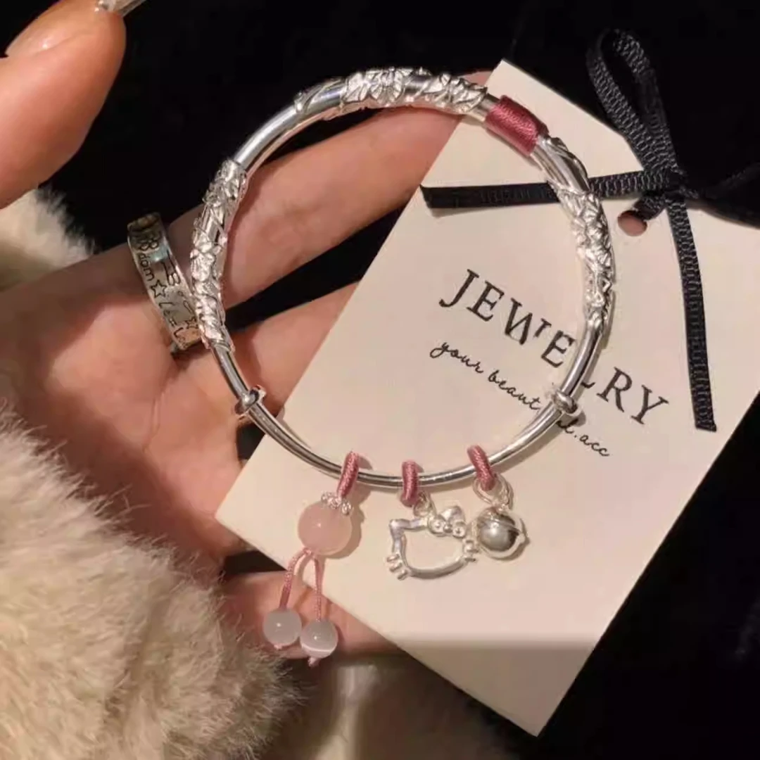 足银手镯 七夕情人节礼物繁花似锦KT猫手镯999纯银送女友生日礼物