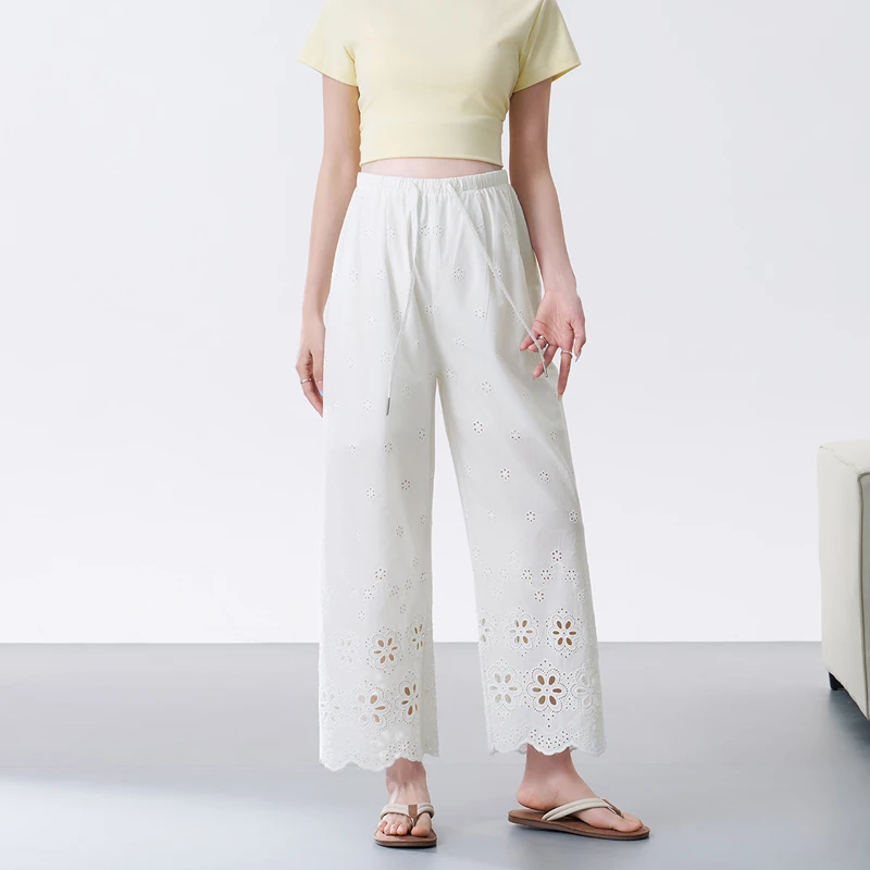 孕妇裤夏季薄款白色镂空刺绣小个子外穿法式休闲阔腿裤