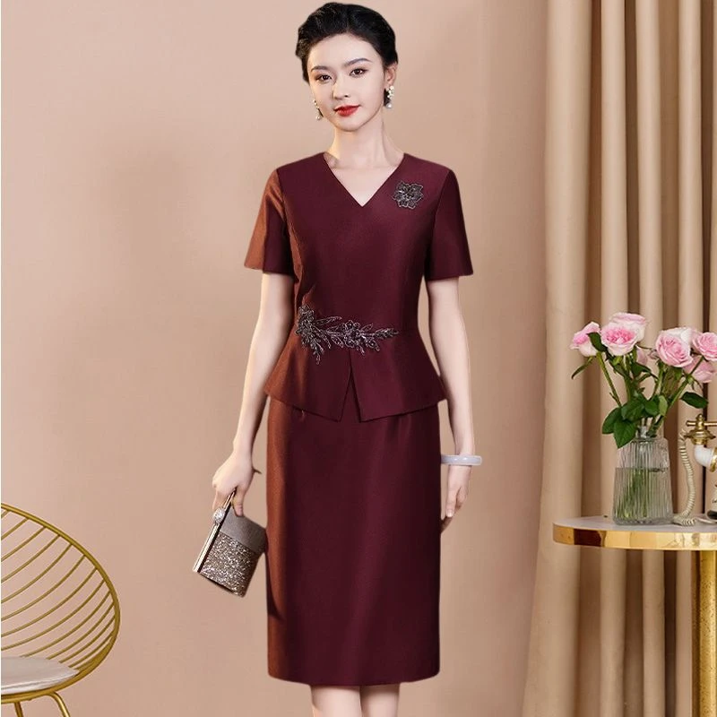 结婚高档喜婆婆喜妈妈假两件连衣裙婚宴礼服裙高贵气质夏季宴会