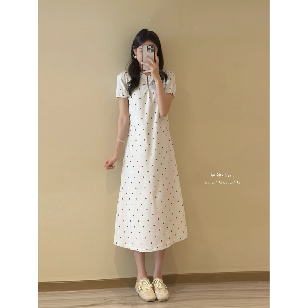 【钟钟shop】夏季法式小众气质波点背短袖连衣裙显瘦甜美长裙8004