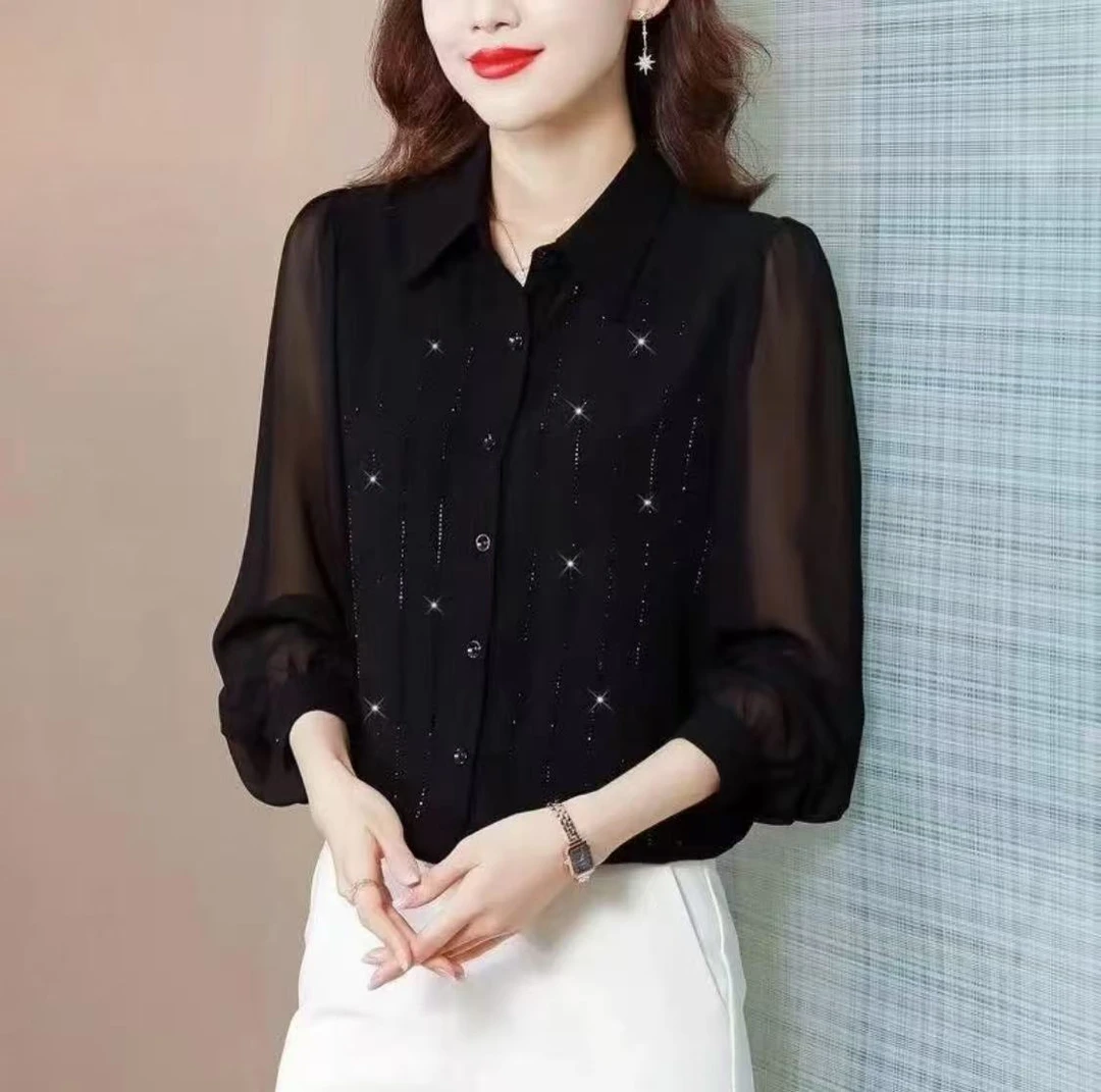 2025烫钻高档衬衫女长袖新款纯色时尚洋气显瘦百搭气质上衣女士