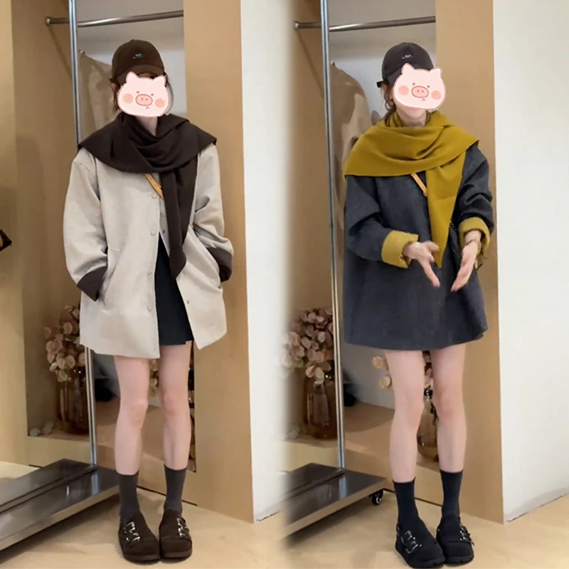 高端欧货慵懒风撞色拼接披肩外套女2025秋季新款显瘦百搭别致风衣