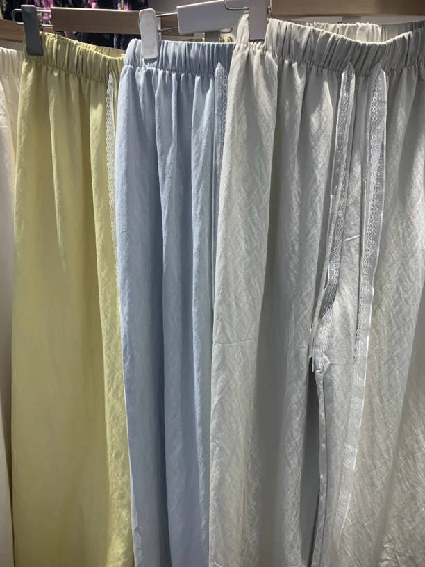 夏季薄料蕾丝抽绳冰丝舒适阔腿裤