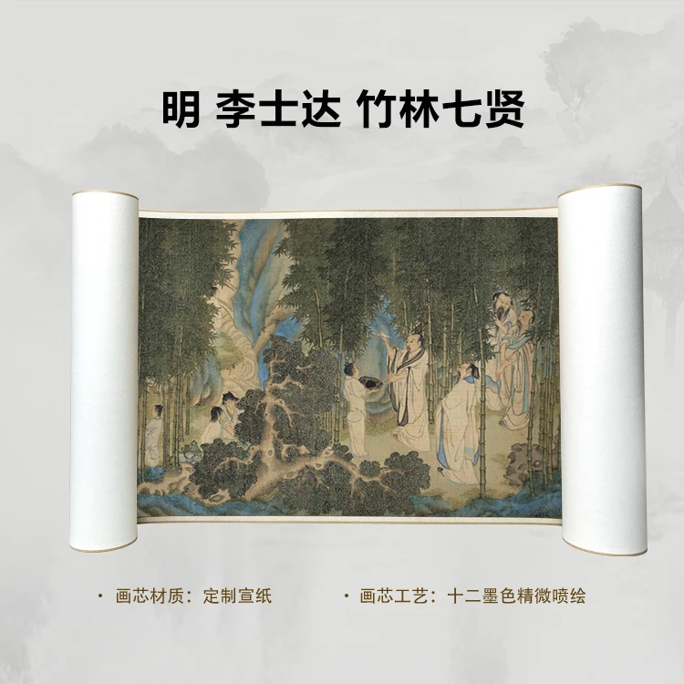 明 李士达 竹林七贤手卷国画微喷客厅背景高清复刻精装裱卷轴