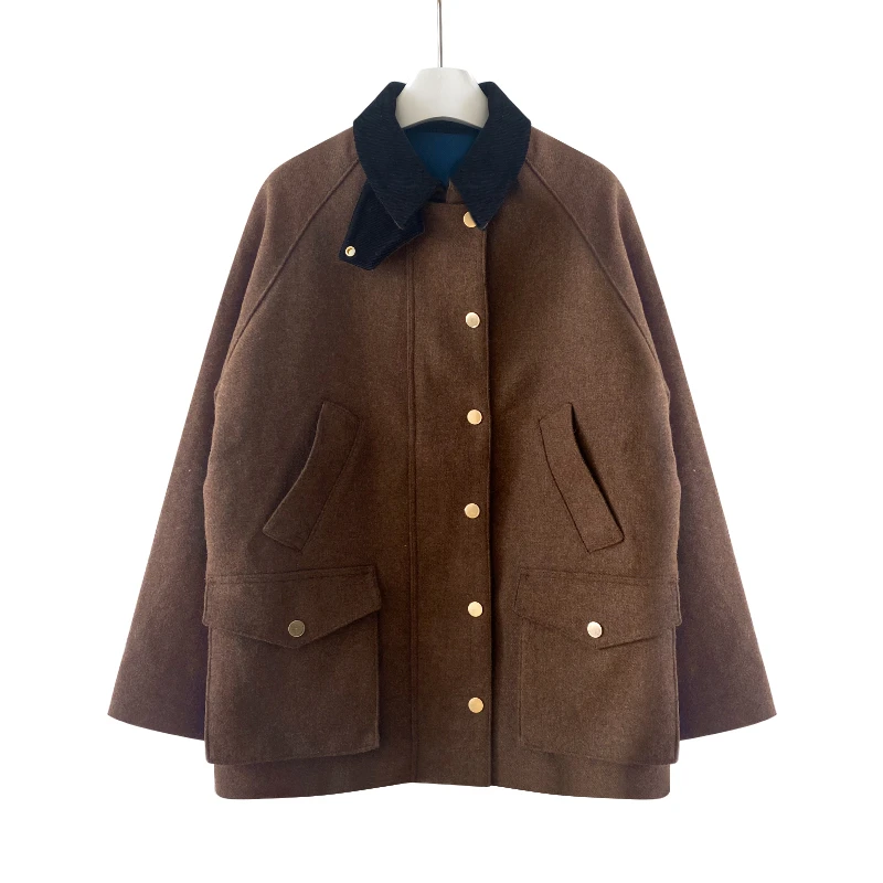 JU女士羊毛混纺复合双层撞色面料谷仓风毛呢中长宽松大衣外套 G11