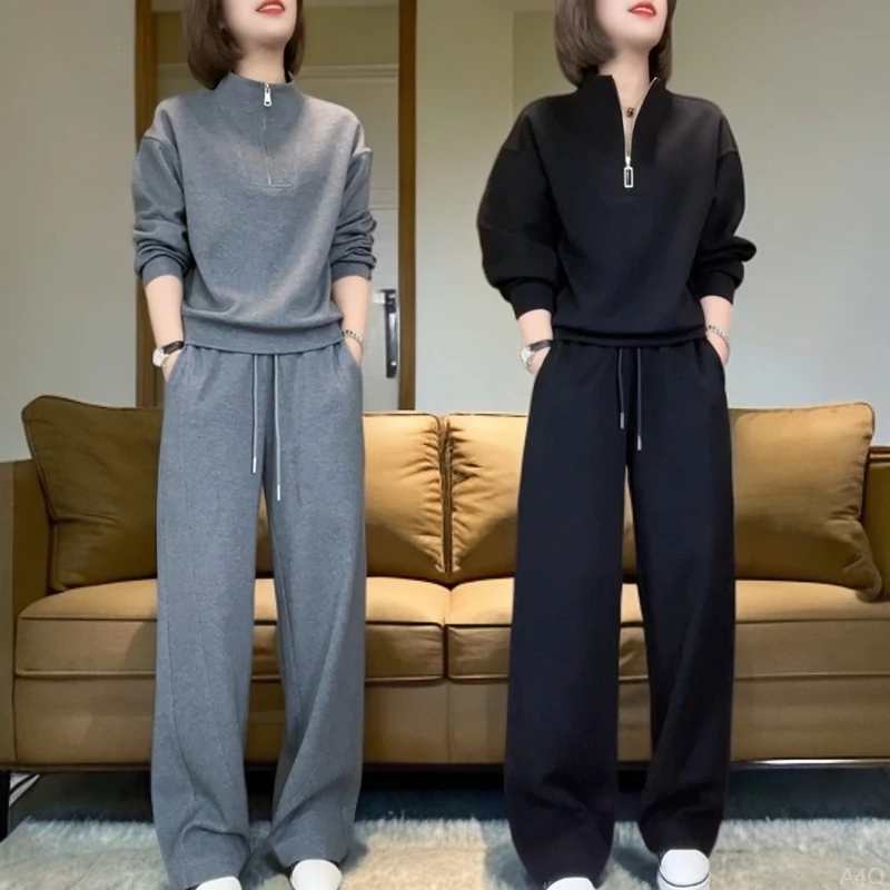 2025秋季新款纯色简约时尚运动套装百搭休闲显瘦卫衣长裤两件套女
