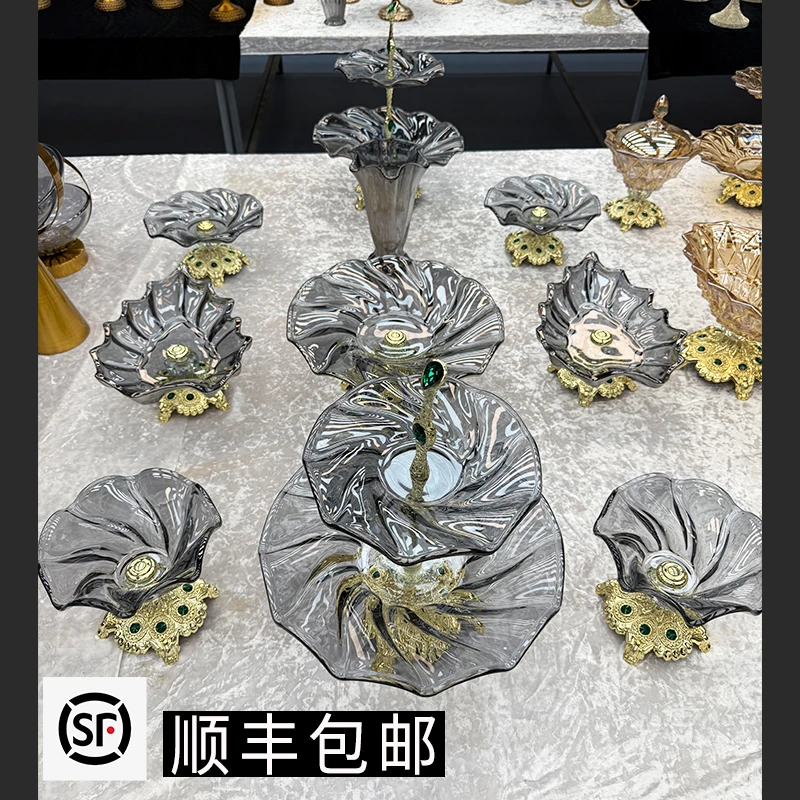 ZG/中歌【新疆包邮】12头合金绿宝石烟灰莲花果盘轻奢婚礼创意简约