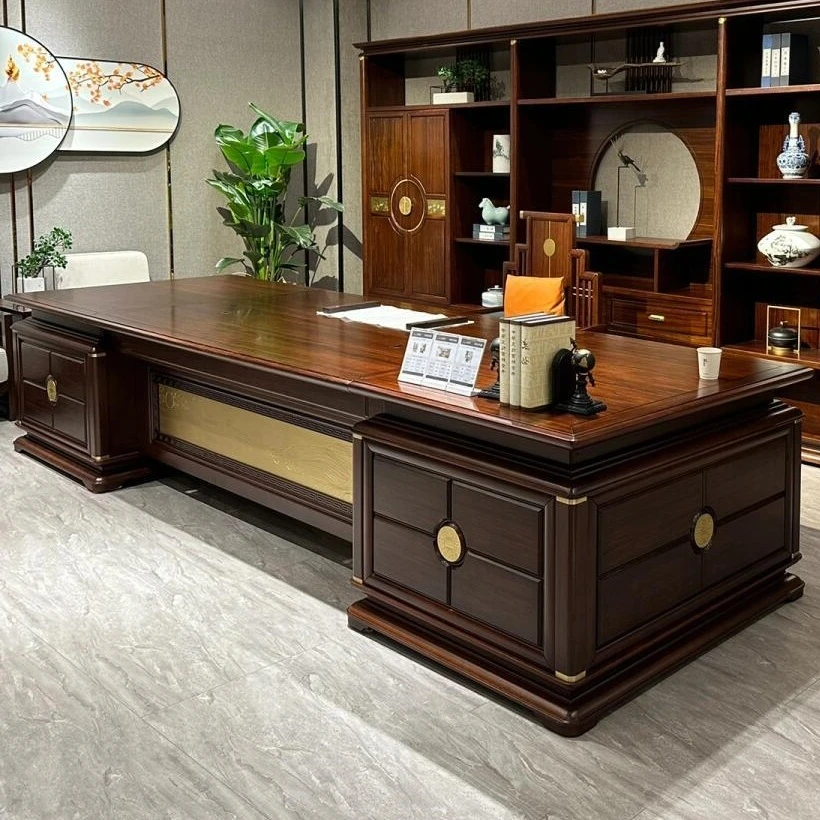 新中式办公桌实木大班台乌金木老板桌总裁桌董事长办公室家具定制