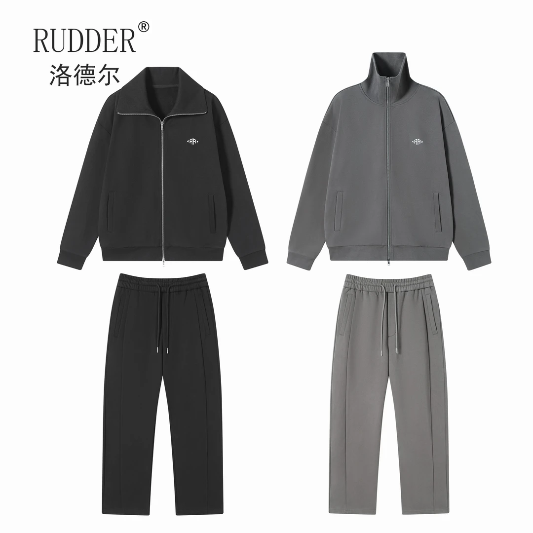 Rudder/洛德尔460克重磅密绒翻领拉链开衫直筒裤弯刀裤休闲套装男