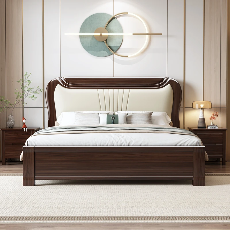 全实木1.81.5米主卧双人轻奢床现代简约真皮软包家用储物大床紫檀