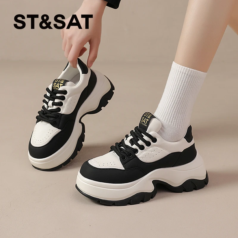 星期六真皮黑白熊猫鞋女老爹鞋厚底小白鞋2025新款夏季休闲运动鞋