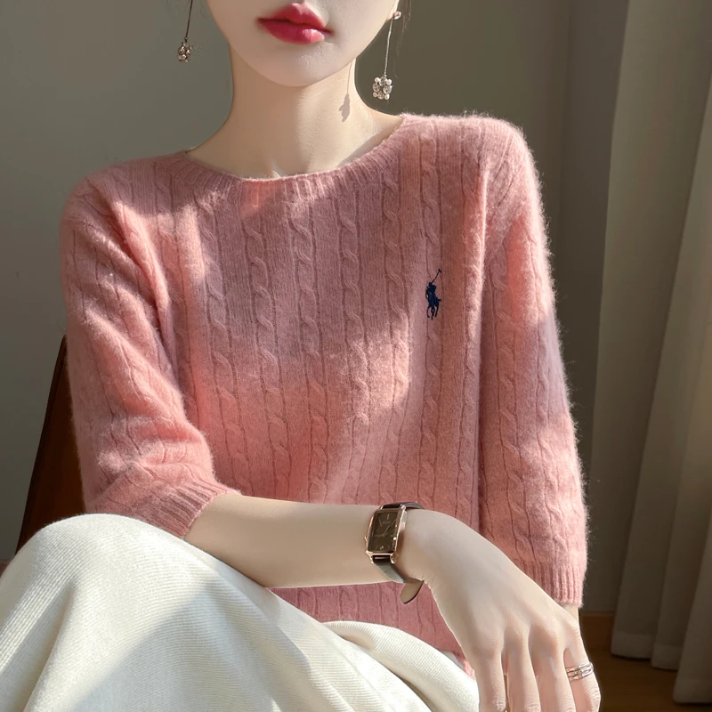 春秋新款安迪绒刺绣无缝针织衫圆领七分袖绞花毛衣女洋气上衣517