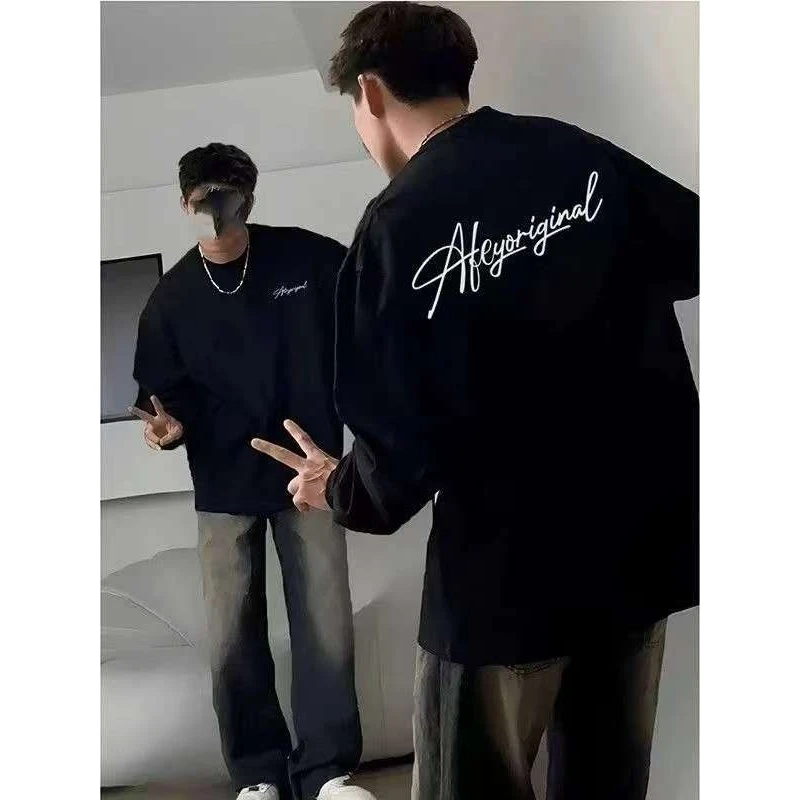 重磅长袖男纯棉美式高街潮牌罗口t恤痞帅炸街打底衫秋内搭潮流