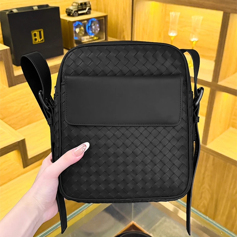 BV头层胎牛皮纯手工编织邮差包单肩斜挎包公文包男士真皮商务休闲