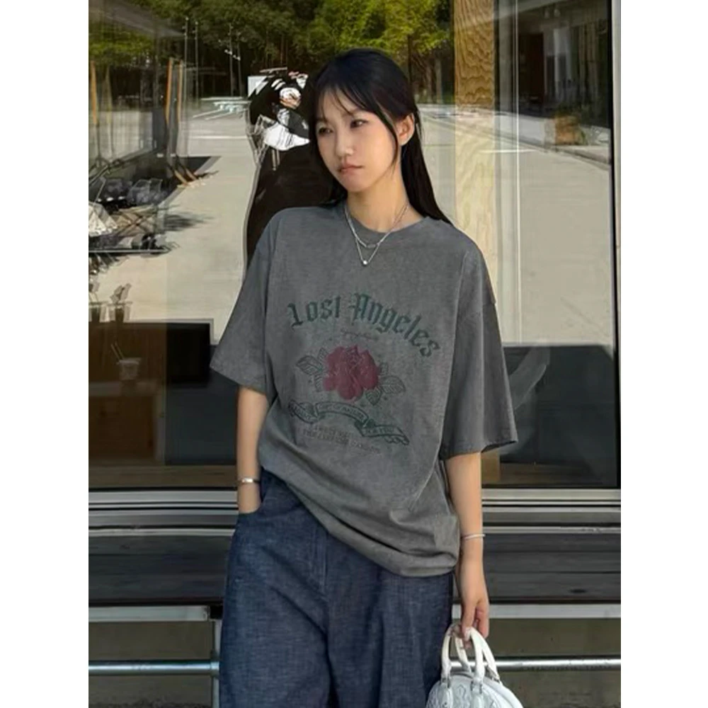 美式简约复古字母花卉印花短袖T恤女夏季圆领宽松纯棉百搭上衣潮