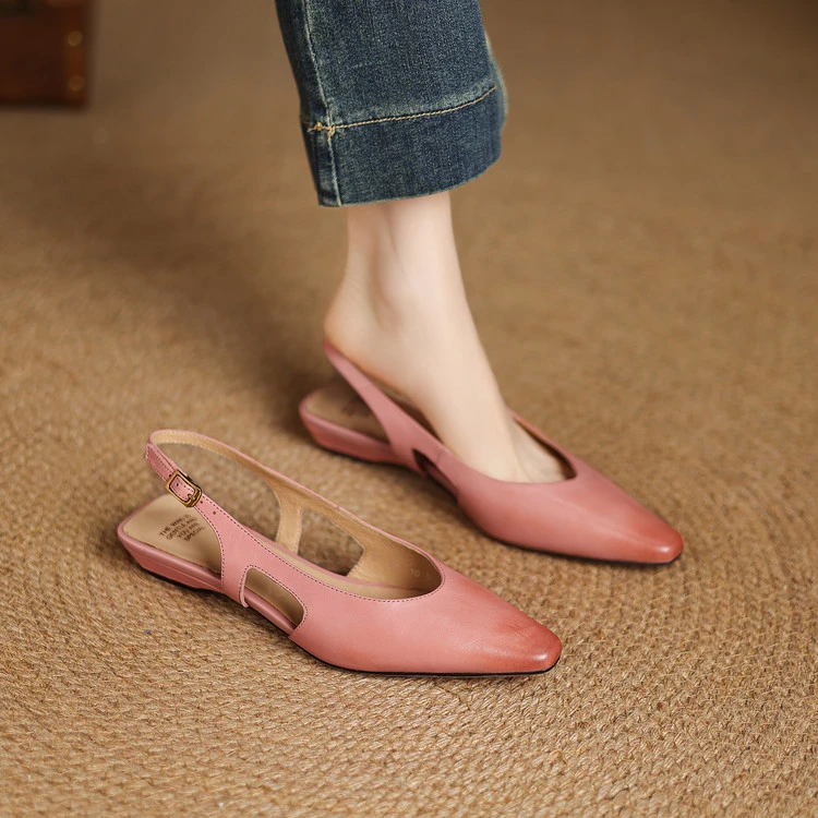 法式半包头凉鞋女夏真皮平底后空玛丽珍单鞋通勤气质一字扣小跟鞋