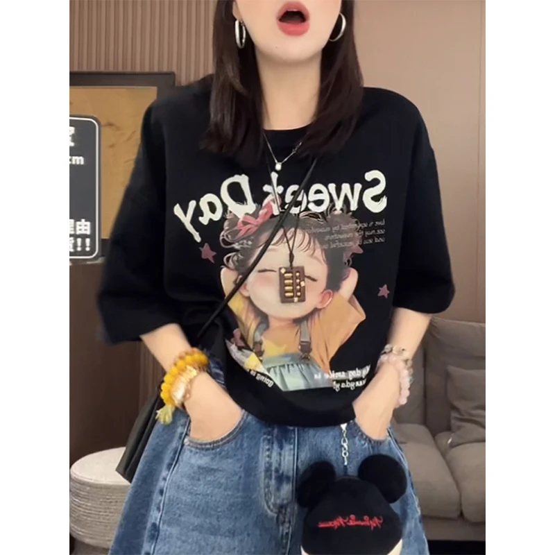 美式慵懒黑色套头T恤女2025夏季新款卡通印花打底衫圆领宽松上衣