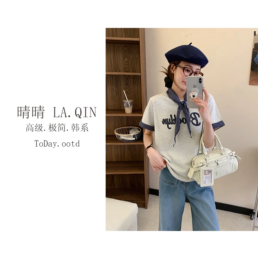 晴晴家-【浪漫绮想】早春韩系百搭格子披肩设计感休闲短袖T恤3299