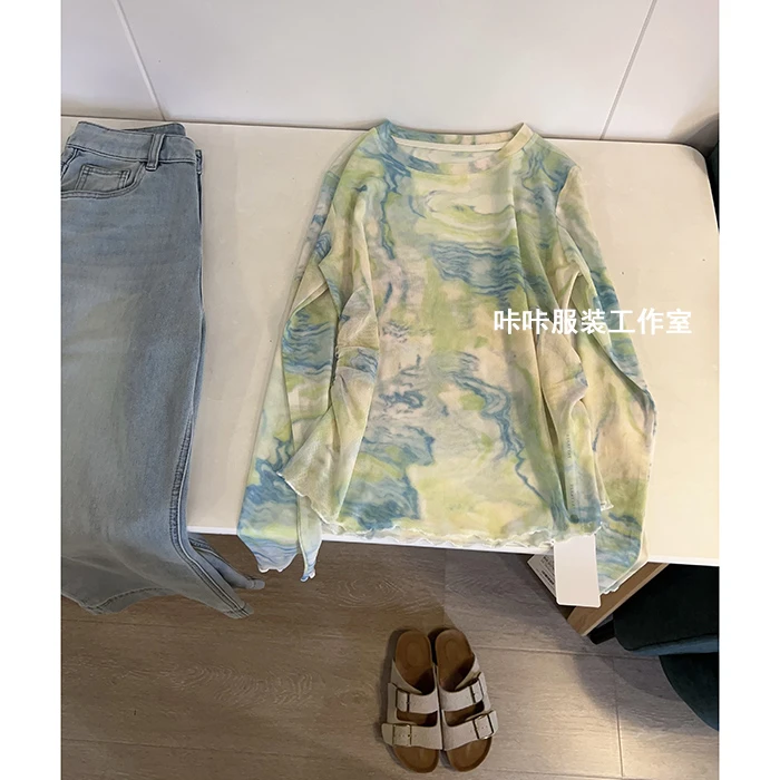 REKAYYAT“绿茵”韩系时尚百搭显瘦洋气春日流体网纱防晒长袖T恤