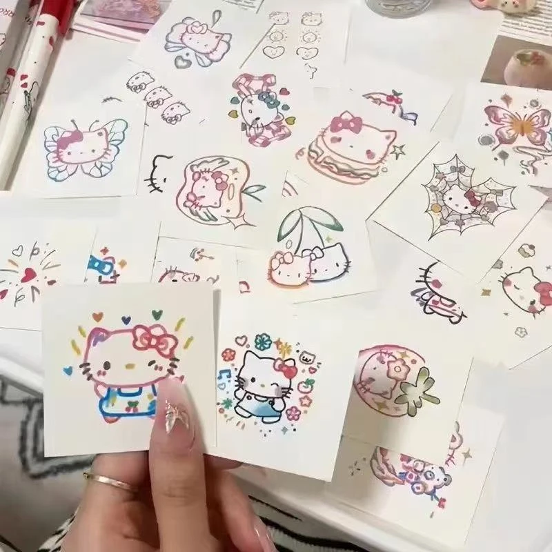 100张创意多巴胺彩色Kitty猫纹身贴防水少女持久仿真卡通可爱贴纸