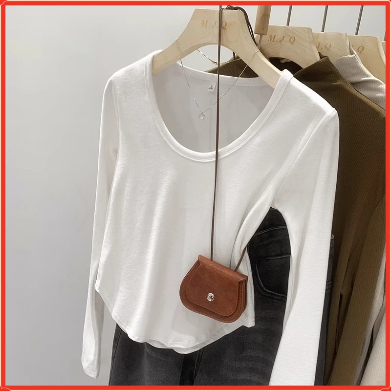 2025新款爆款长袖秋季正肩女棉圆领修身显瘦气韩磨毛正肩显瘦