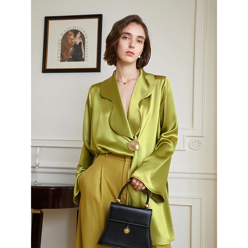 【楠哥专属】复古光泽感不对称设计醋酸v领衬衫 22234