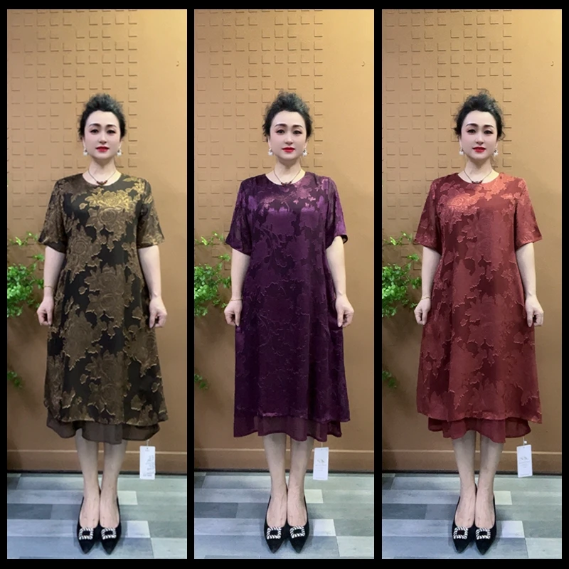 夏季纯色新中式短袖宽松腰连衣裙女装妈妈装长裙裙子中长款时尚