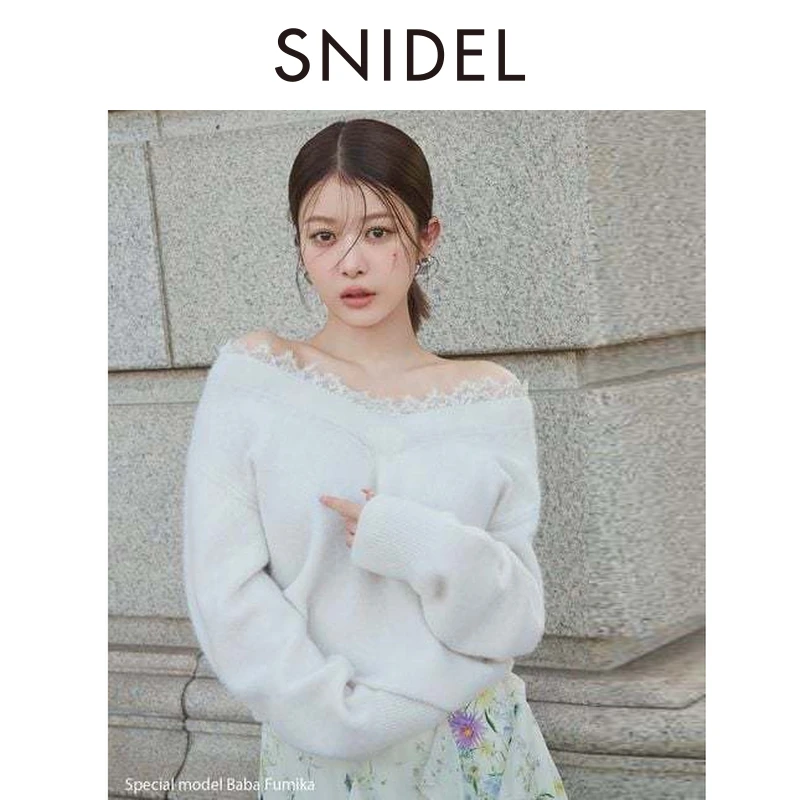 SNIDEL2025秋冬新品蕾丝边拼接V领纯色针织上衣SWNT255015