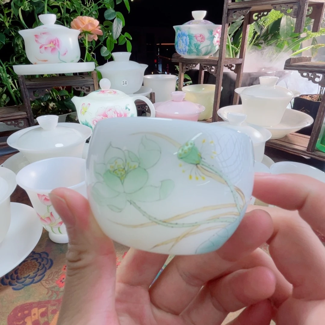 冰晶璞玉手绘荷韵主人杯