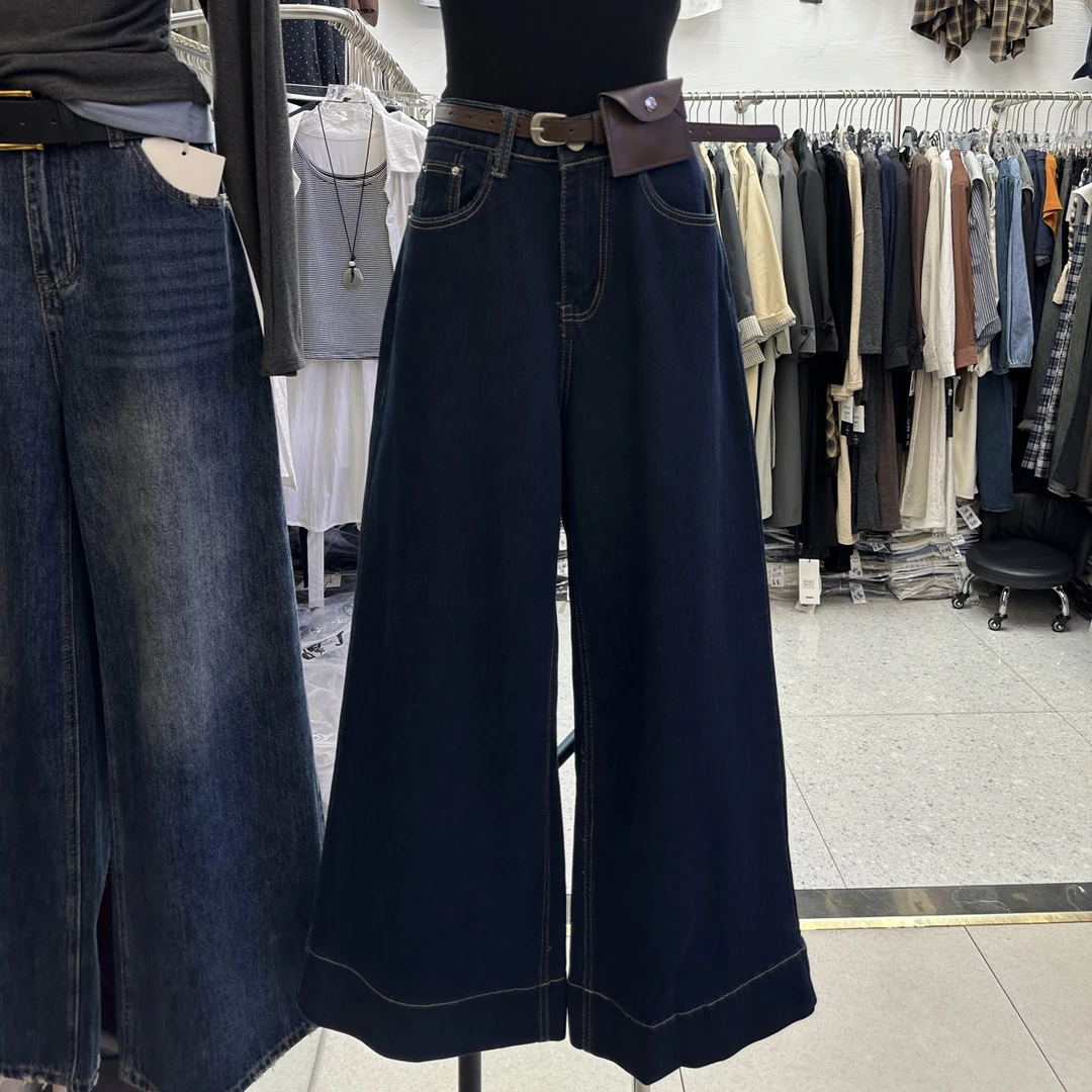 十三行秋季高腰宽松显瘦口袋刺绣韩版时尚女士黑金百搭直筒牛仔裤