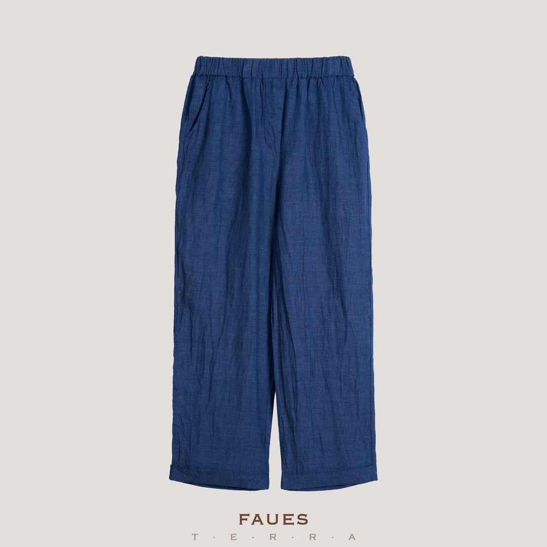 FAUES 柳莺悠悠 亚麻牛仔士林染文艺舒适轻薄显瘦直筒九分裤