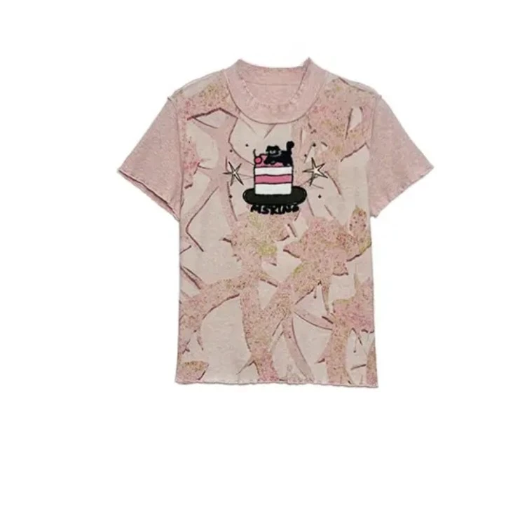 淘小站 新款粉色蛋糕 短袖T恤女 夏季减龄宽松上衣