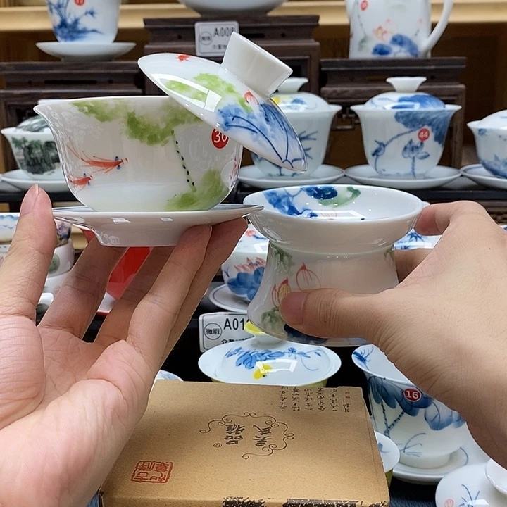 手绘五彩荷花悬停盖碗150cc➕茶漏釉下彩微瑕福利款